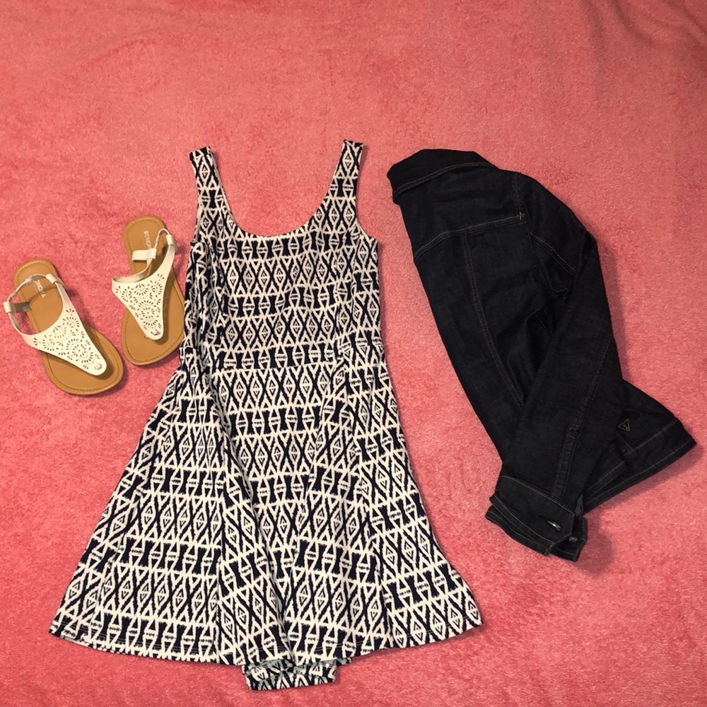 Navy Blue and White Patterned Dress